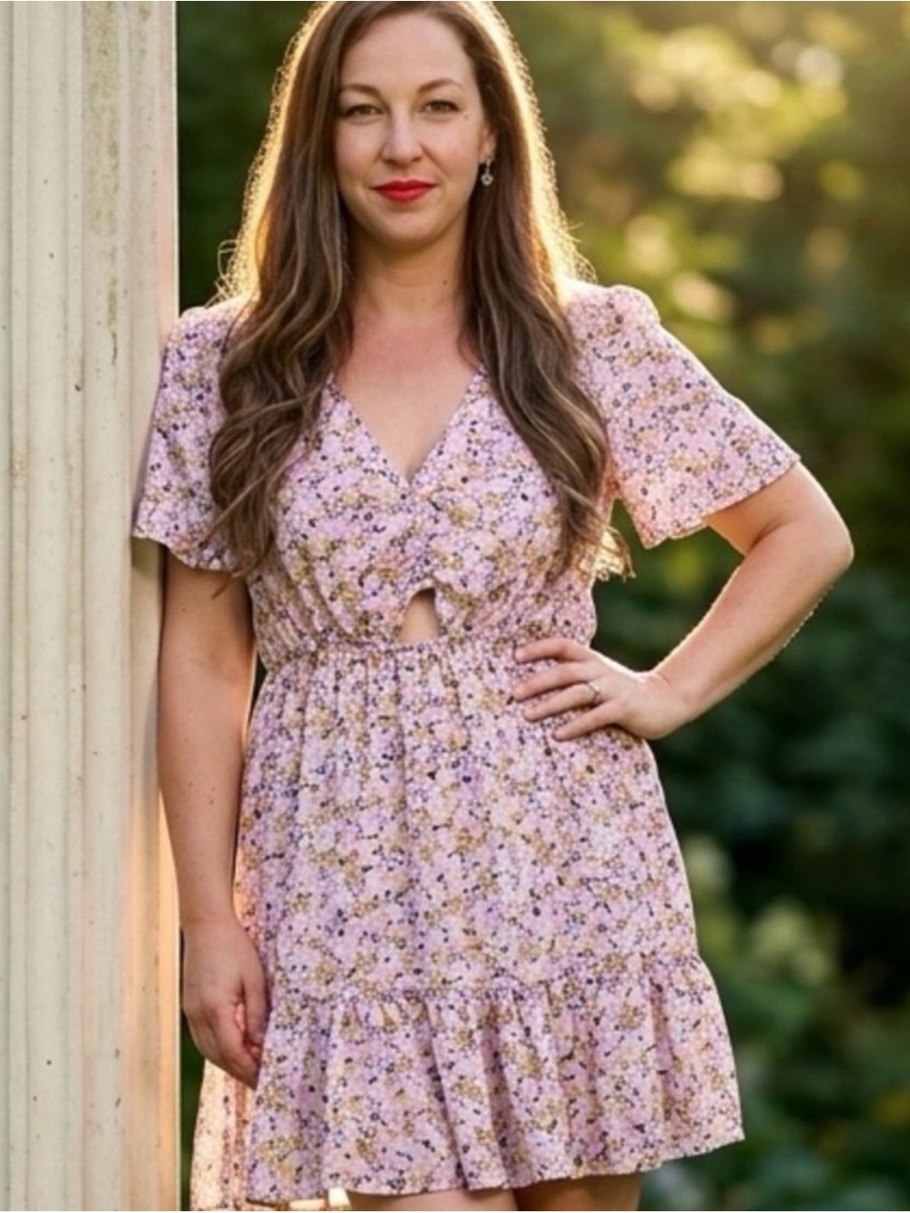saltwater LUXE  Floral Smocked-Waist Cutout Dress Size S